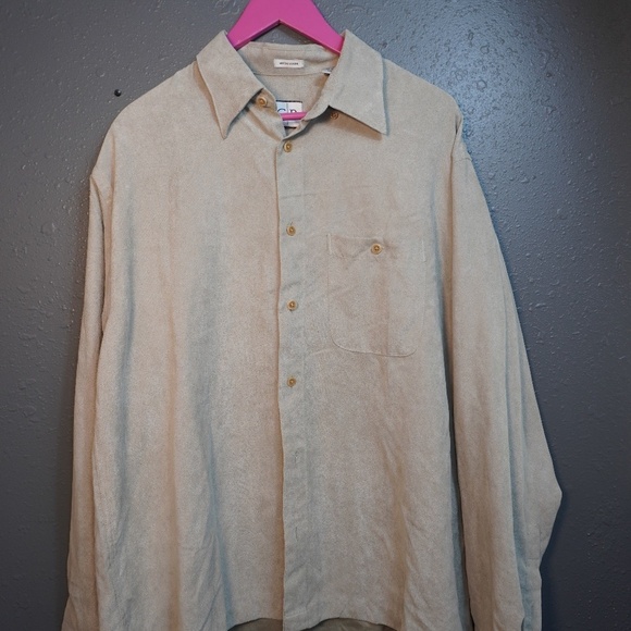 Geoffrey Beene Mens Beige MicroSuede Button Down Long Sleeve Shirt Size Large - Picture 1 of 8